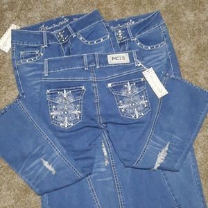 P4:13 western jeans low rise boot cut bling pant women size 32 30 28 cropped